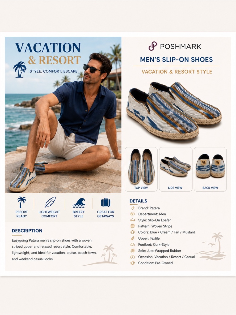 Patra Blue, Cream & Tan Woven-Stripe Slip-On Loafers Vacation Resort Style